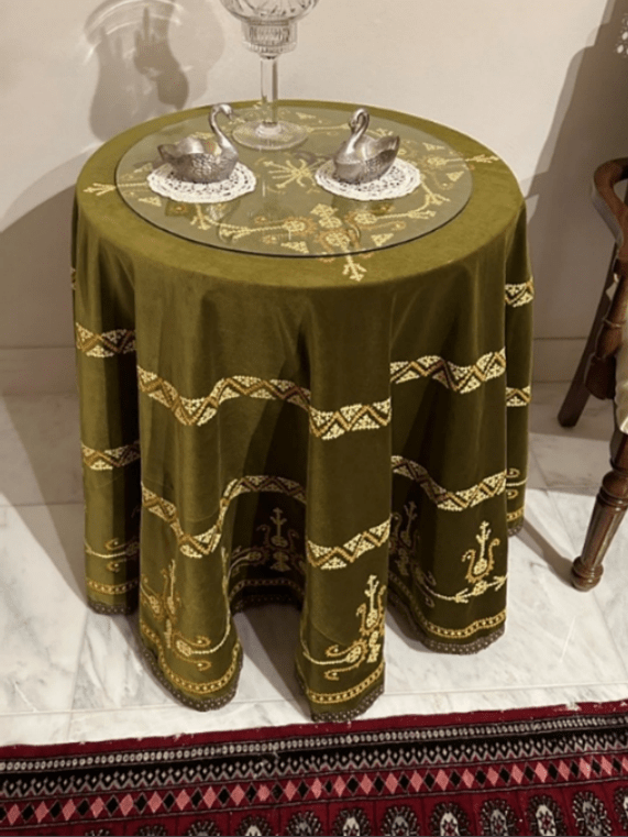 TABLECLOTH or Display Hand-embroidered by Hilda’s mother, Tervanda Derminjian, and gifted to Khatoun (Hilda) DerHaroutunian-Ladah MUSTARD